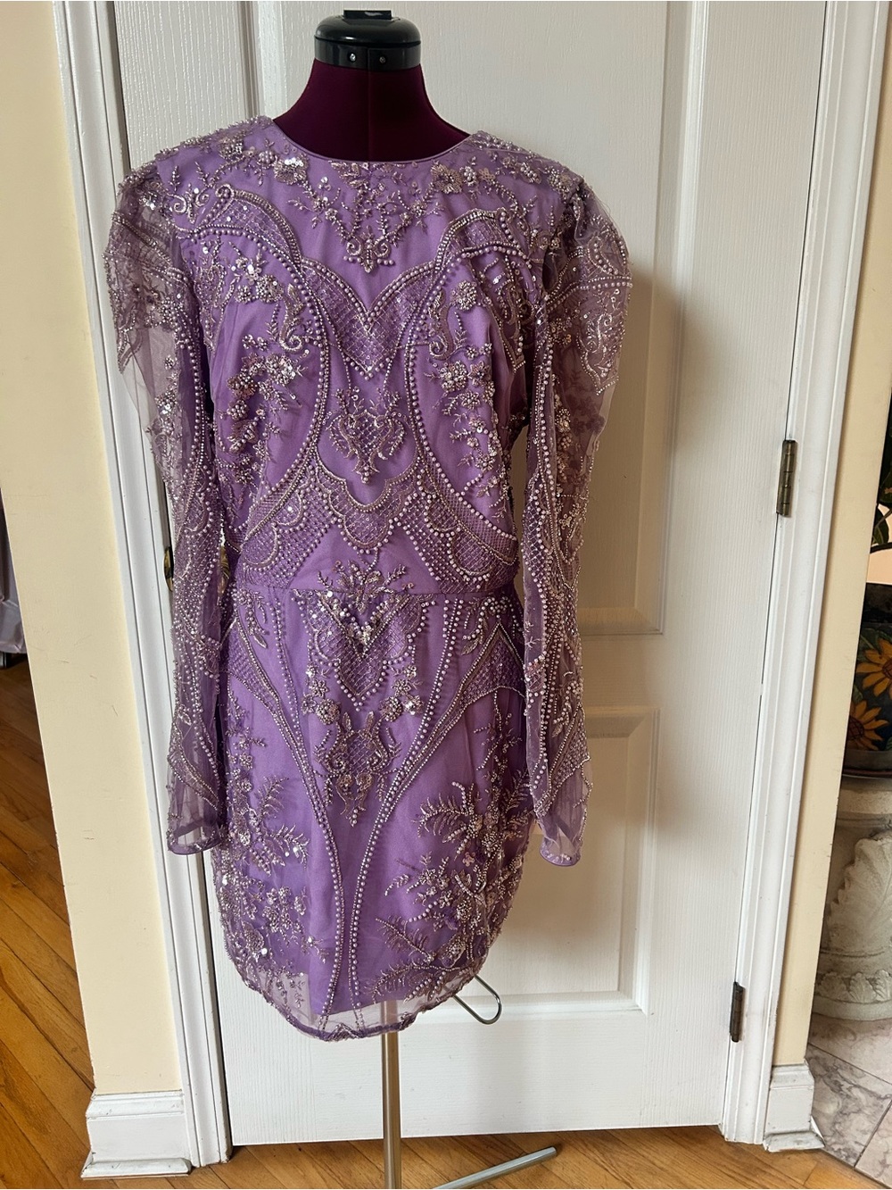 Dress the Population Lavender Embellished Long Sleeve Cocktail Dress